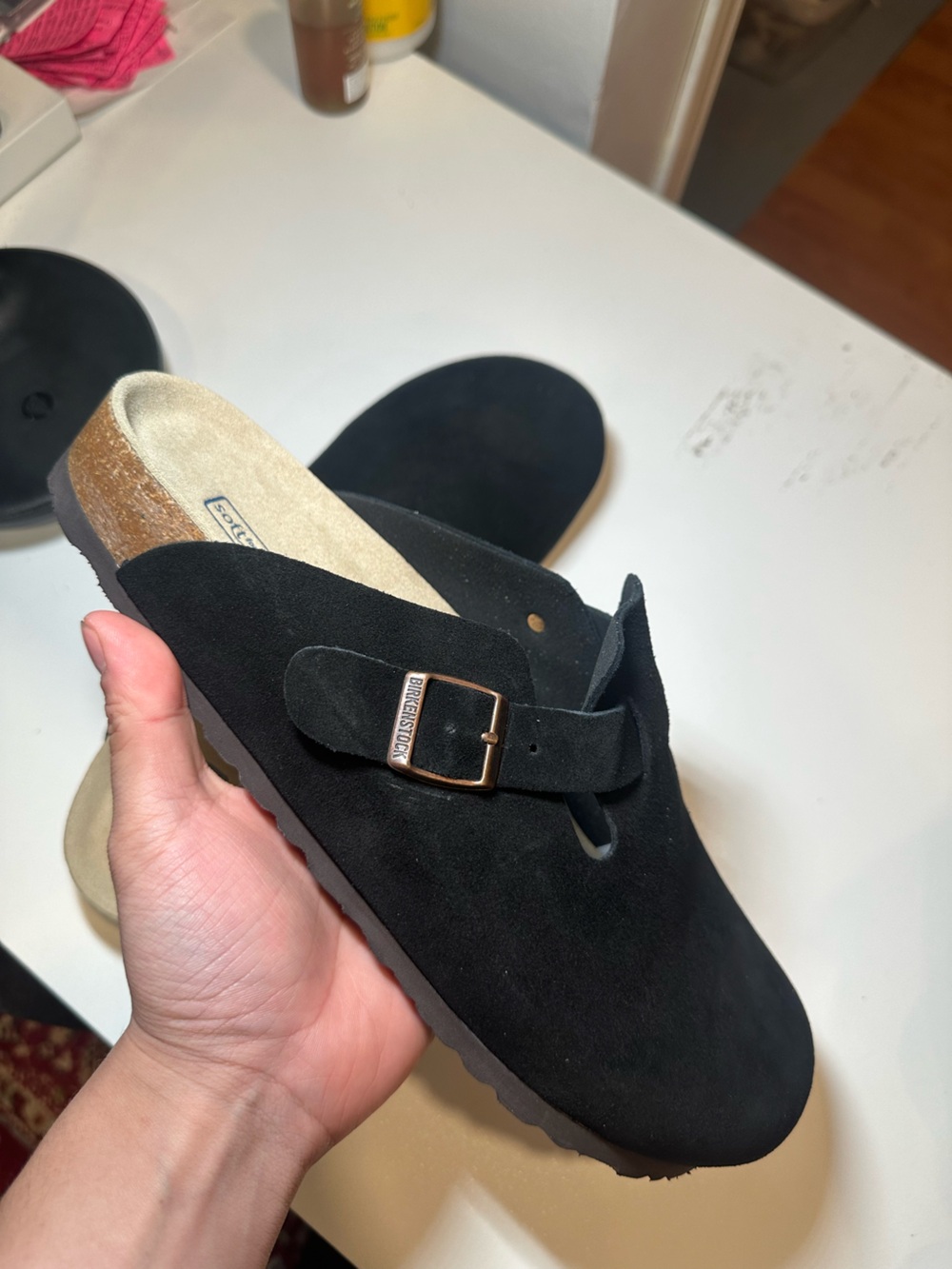 Birkenstock Black Suede Boston Clog with Rose Gold Buckle